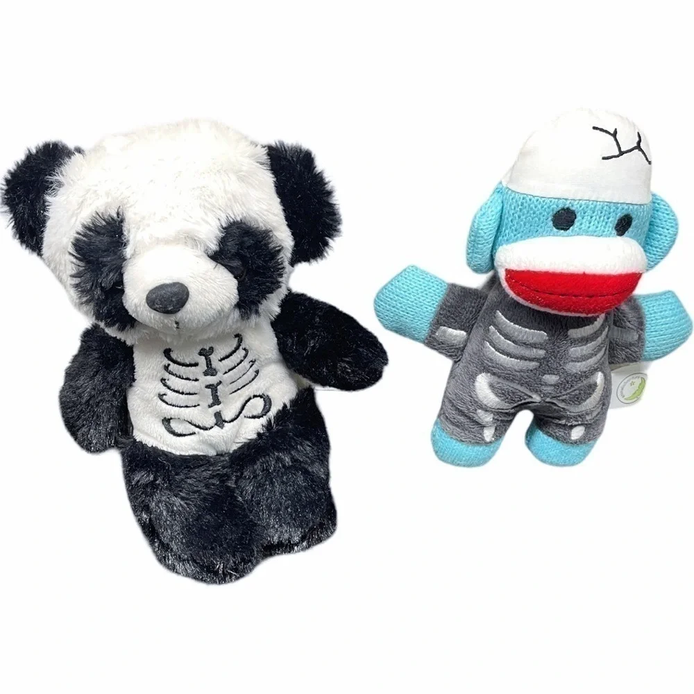 BUNDLE Two Halloween Stuffed Animals Plush X Ray Skeleton Sock Monkey Panda Bear